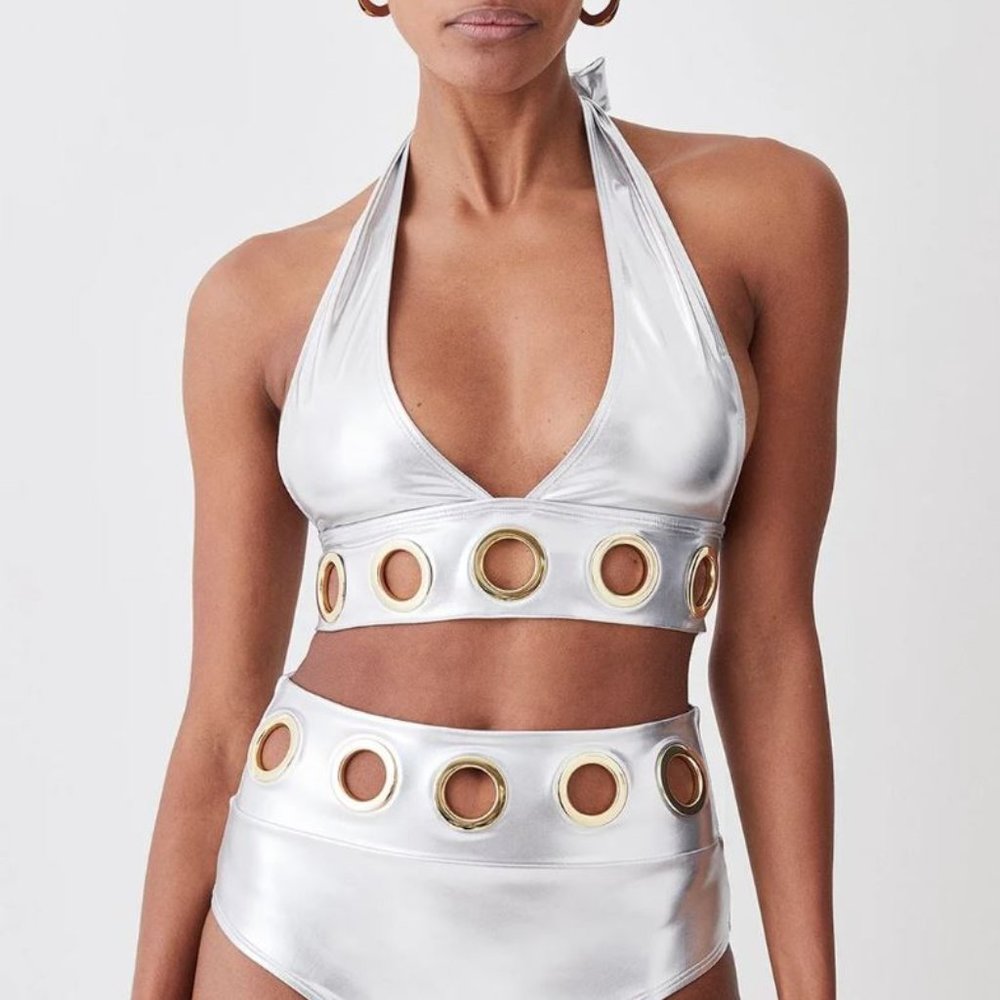Silver Lame Eyelet Detail Halter Neck Bikini Top